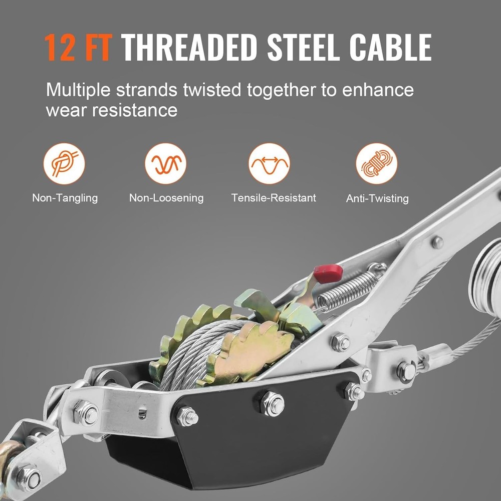 Come Along Winch, 2 Ton 4,409 lbs Pulling Capacity, 12 ft Steel Cable, 2 Hook...