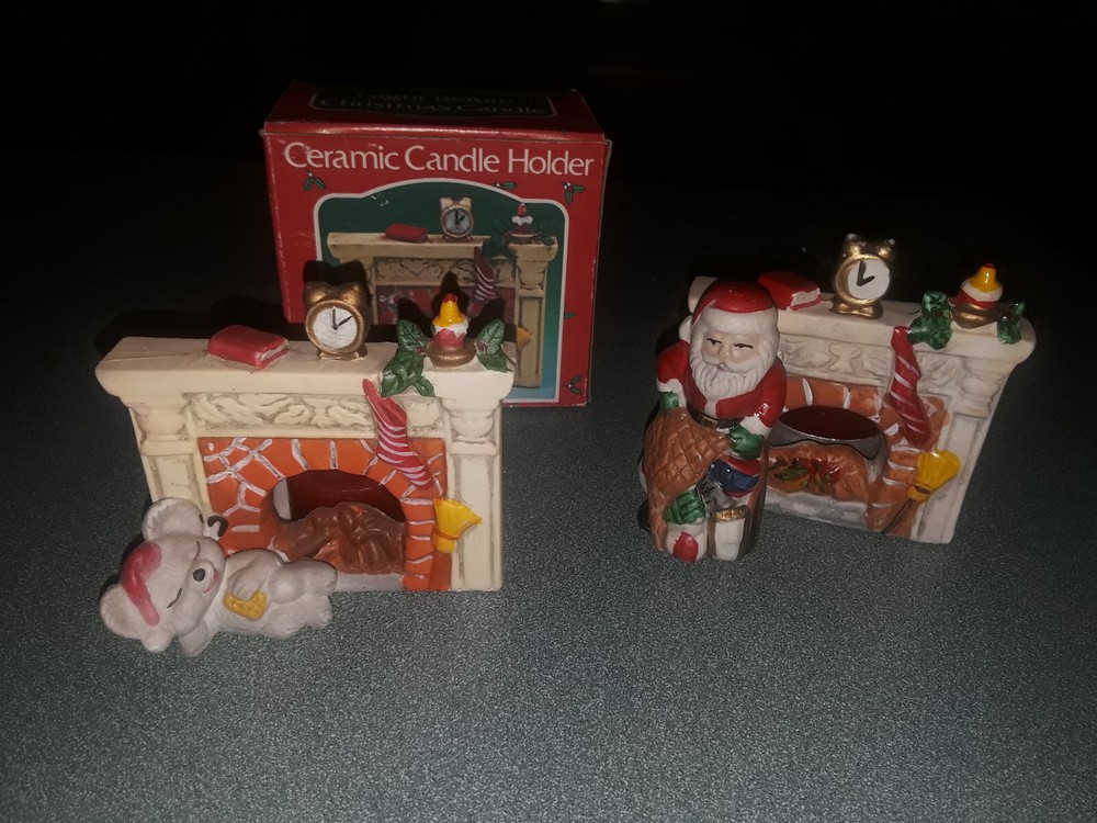 2 NIGHT BEFORE CHRISTMAS CANDLE HOLDERS MOUSE & SANTA CLAUS