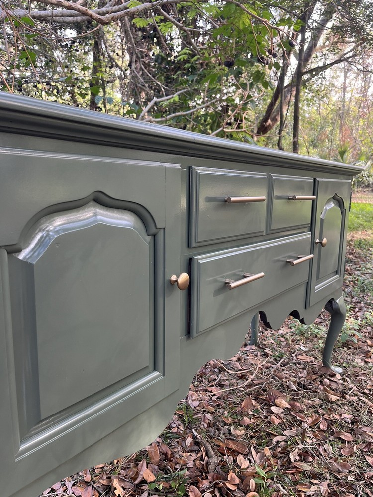 Refinished Solid Wood Thomasville Sideboard/ Credenza In Glossy Olive Green