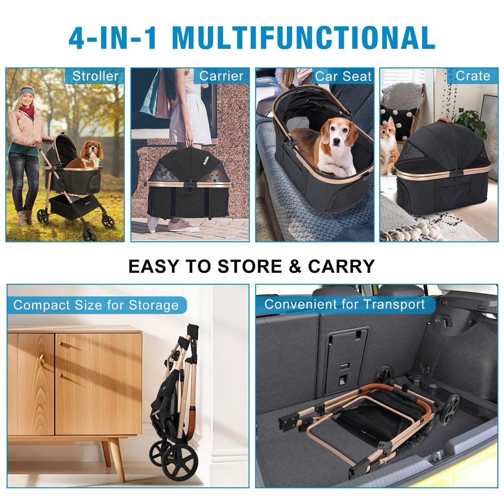 Pet Stroller for Small/Medium Dogs & Cats, No-Zip Foldable Dog Stroller with ...