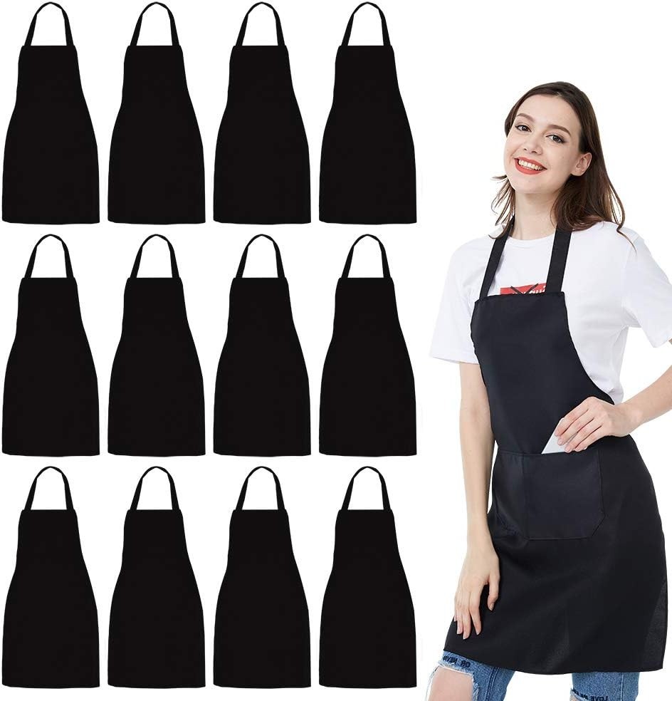 Bulk Bib Aprons 12 Pack - Black Kitchen Aprons with Pockets