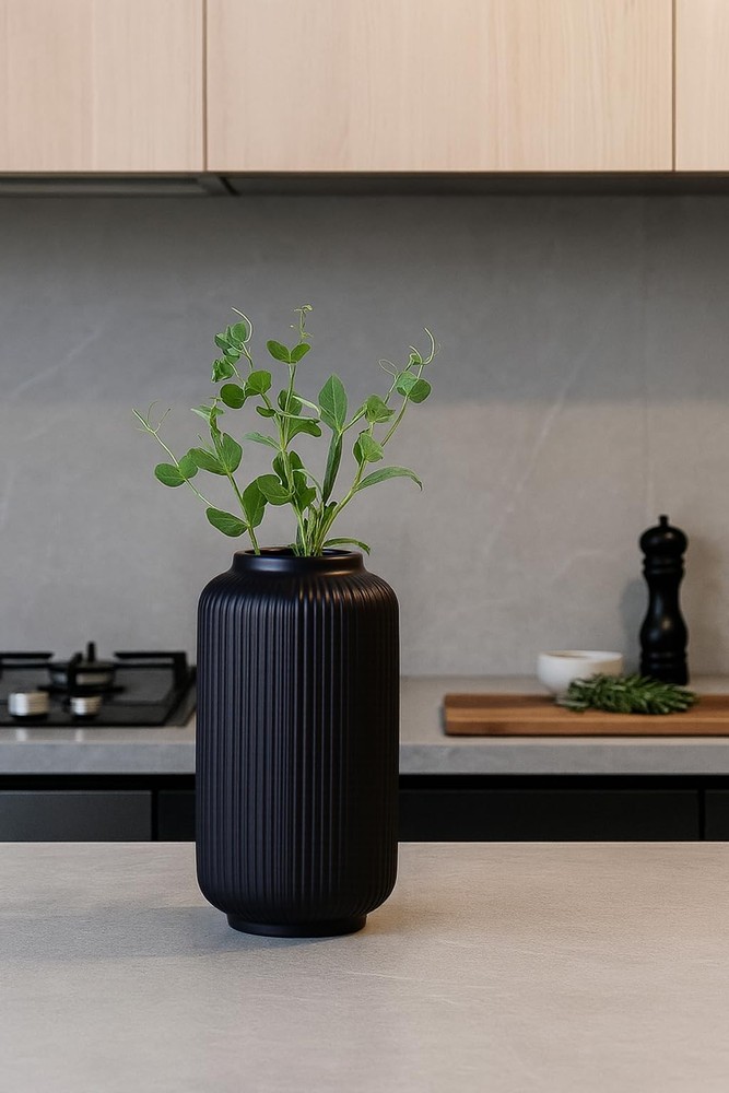 Black Ceramic Flower Vase, 8 Inch Ribbed Vase for Pampas Grass, Fresh or Drie...