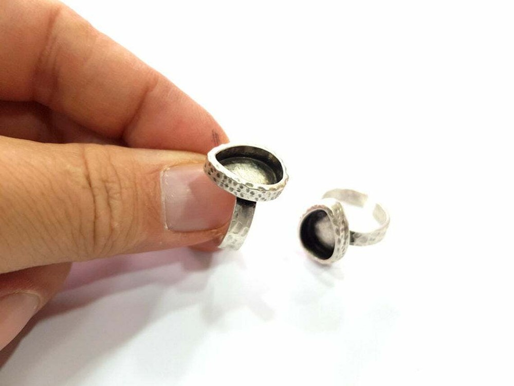 Drop Ring Hammered Blank Base Bezel Setting Antique Silver Brass Adjustable