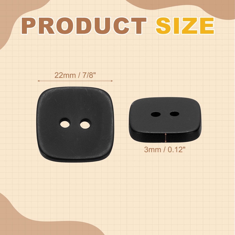 20pcs Sewing Button 22mm (7/8") 2 Holes Square Resin Button, Black