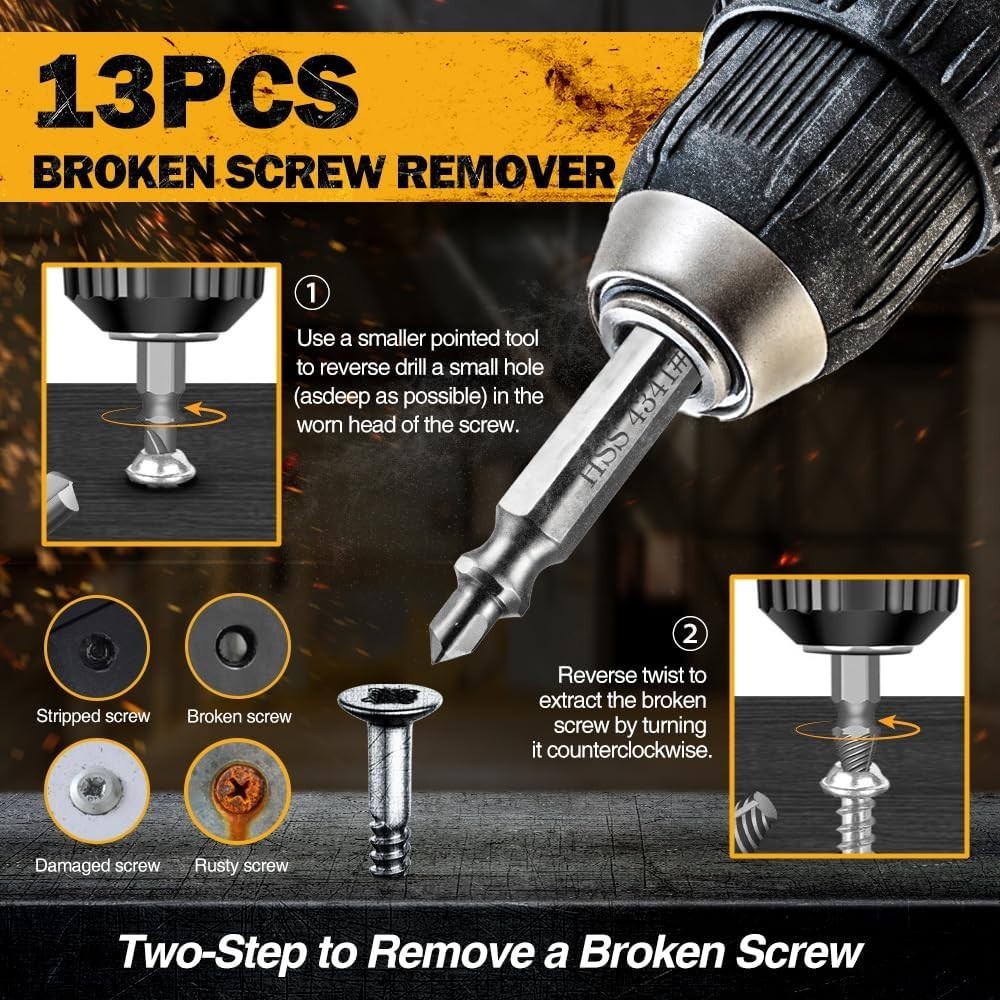 16 Pcs Damaged Screw Extractor Set Stripped Screw, Rusty Broken Screws & Bolts