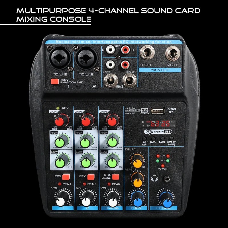 4 Channel DJ Mixer with Bluetooth, 48V Phantom Power, USB Interface, Karaoke