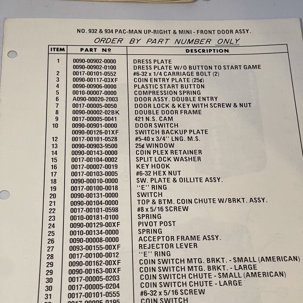 Midway Pac-Man Original Parts and Operating Manual