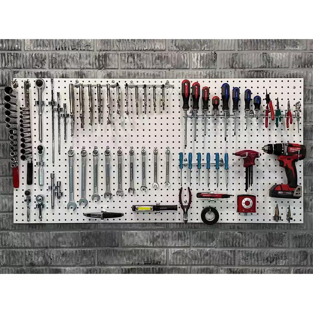 1/4 In. Custom Painted White Pegboard Wall Organizer with 36-Piece Locking Hooks