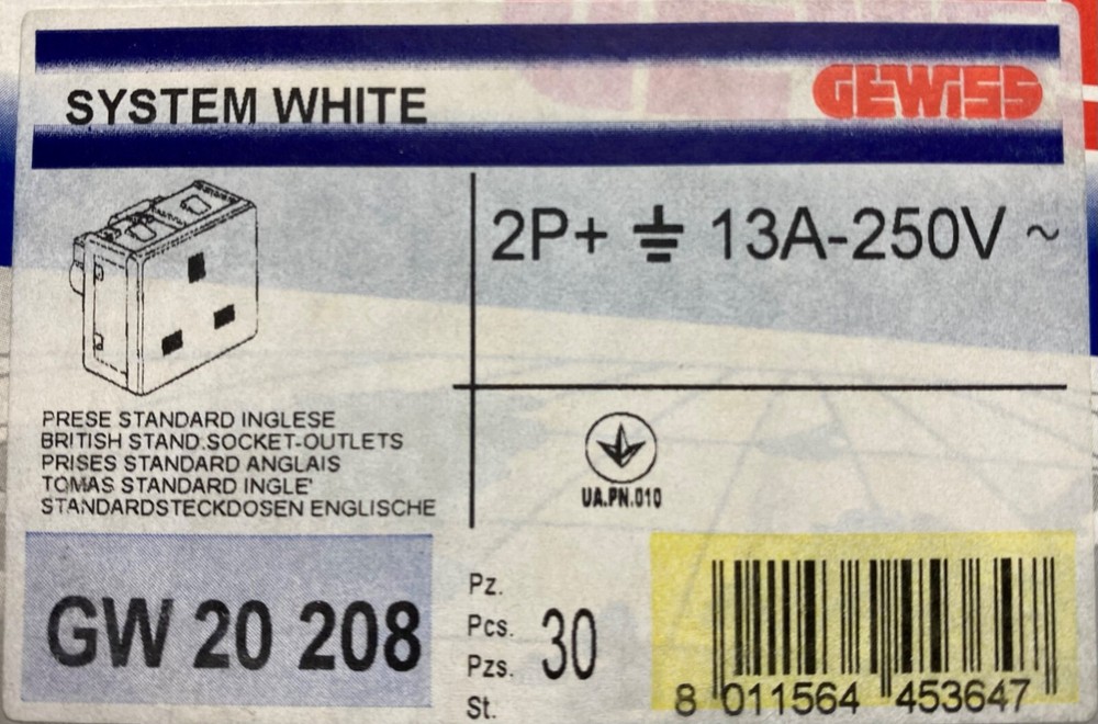 GEWISS GW20208 BRITISH SOCKET-OUTLET 250V ac - 2P+E 13A - 2 MODULES SYSTEM WHITE