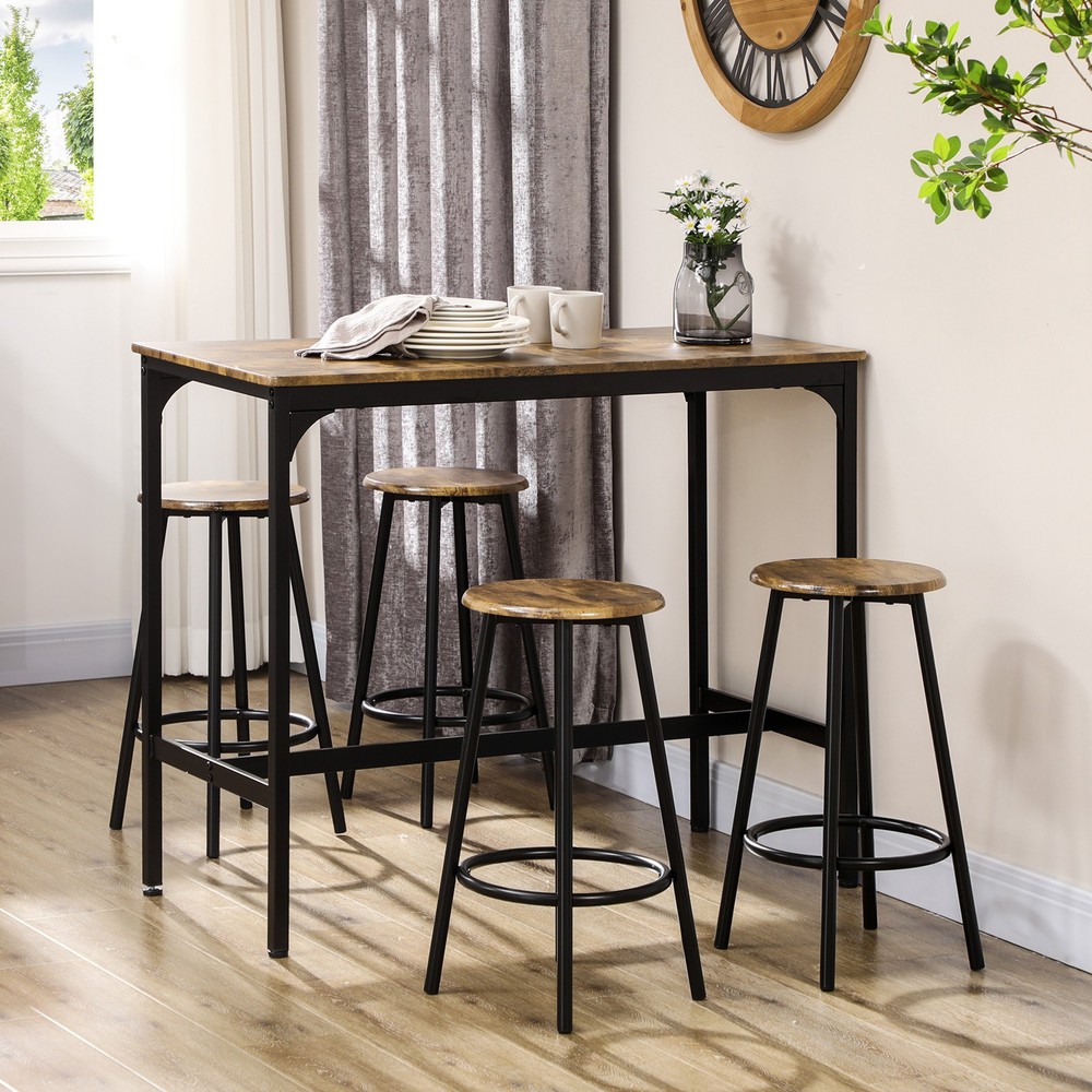 5 Piece Bar Table Set for 4, Counter Height Table & 4 Stools, Rustic Brown