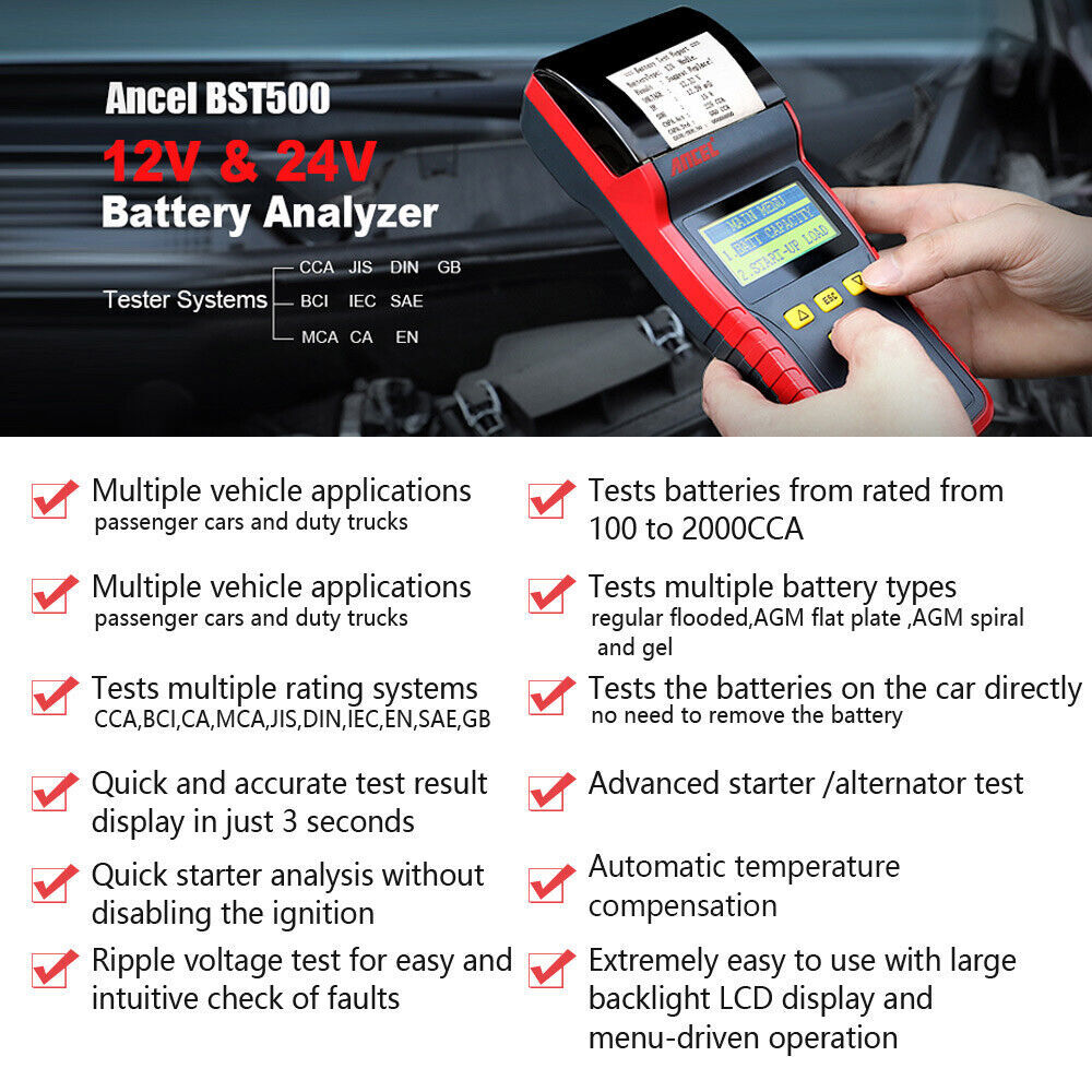 ANCEL BST500 Car Battery Tester Cranking Charging System Analyzer with Printer