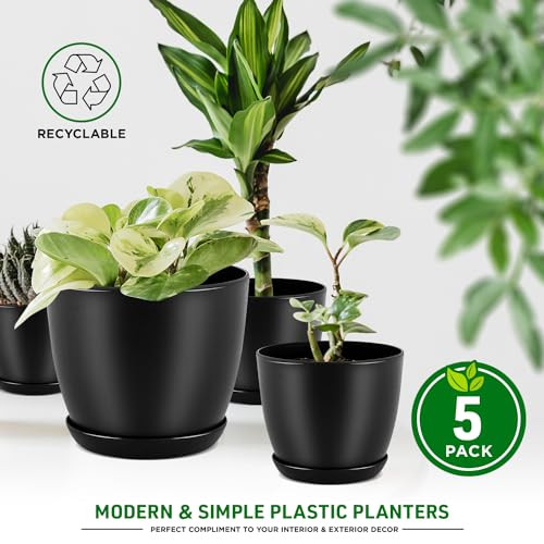 Plant Pots with Multi Drainage Holes - 5 Pieces Versatile, Sturdy Plastic,