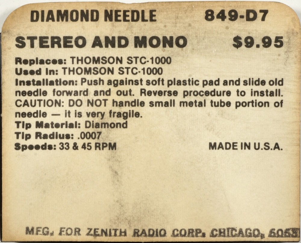 NOS ZENITH 849-D7 Diamond Needle for Thomson STC-1000
