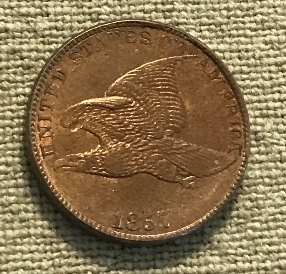 1857 Flying eagle cent , lustrous AU