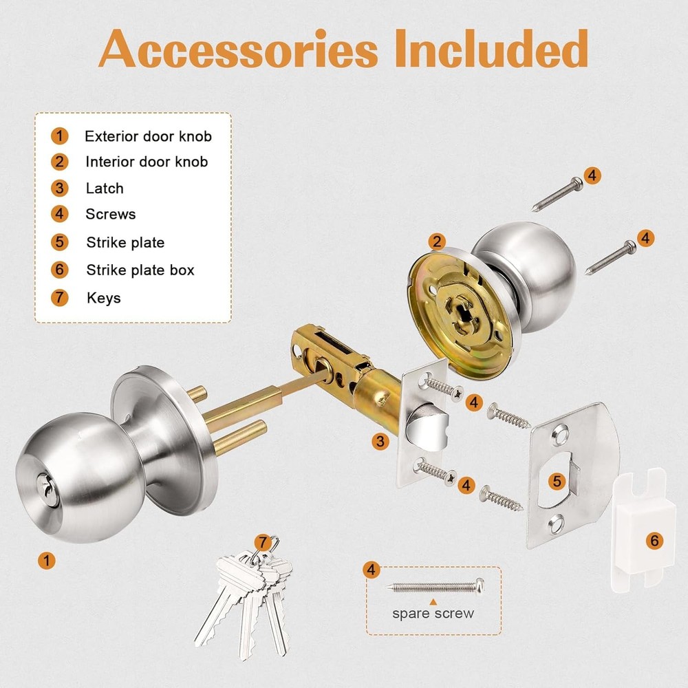 Probrico 2 Pack Keyed Alike Entry Door Knobs with Lock 2 Pack, Brushed Nickel