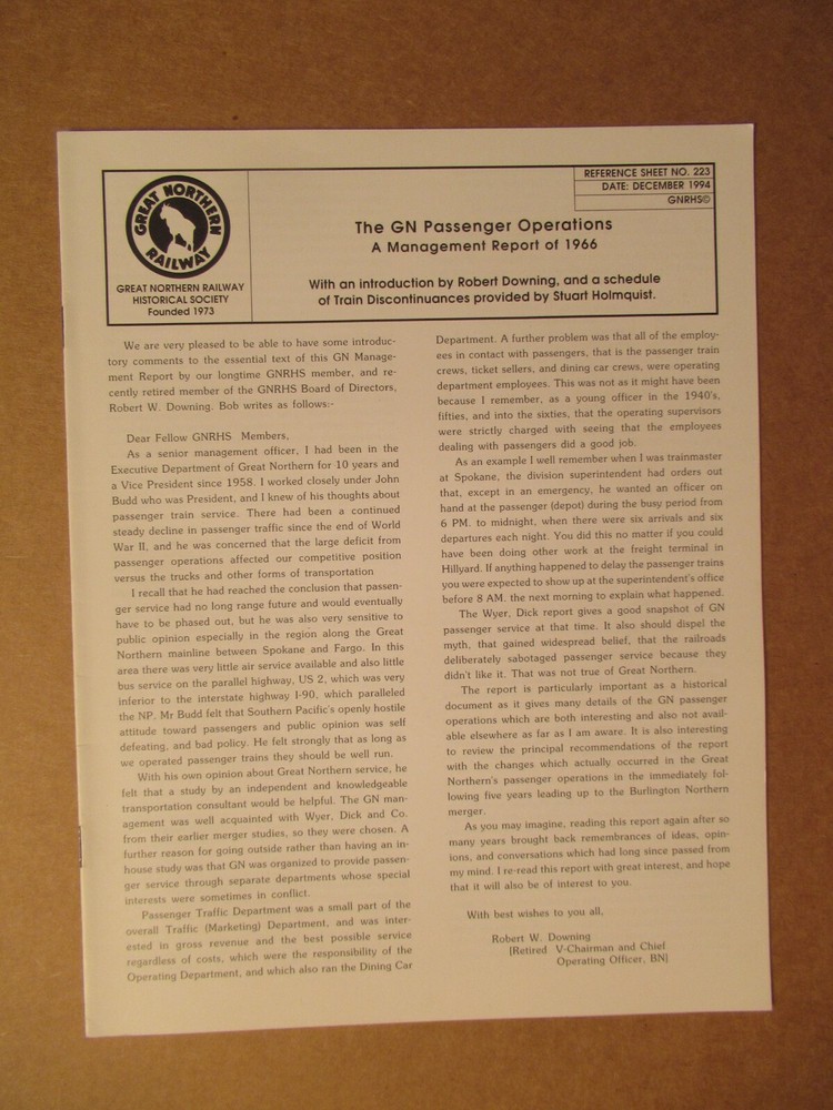Great Northern Reference Sheet 223 Passenger Operations Management Report 1966