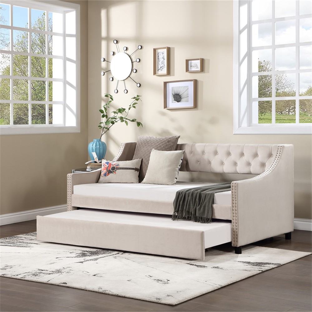 Twin/Full Size Daybed Upholstered Bed Frame Sofa Bed with Trundle Bed US