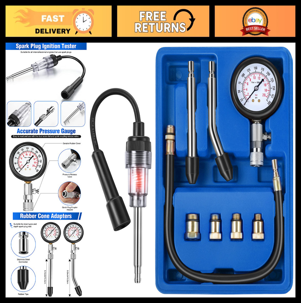 9-Piece Compression Tester Kit & Spark Plug Tester for Car & Motorcycle Engines