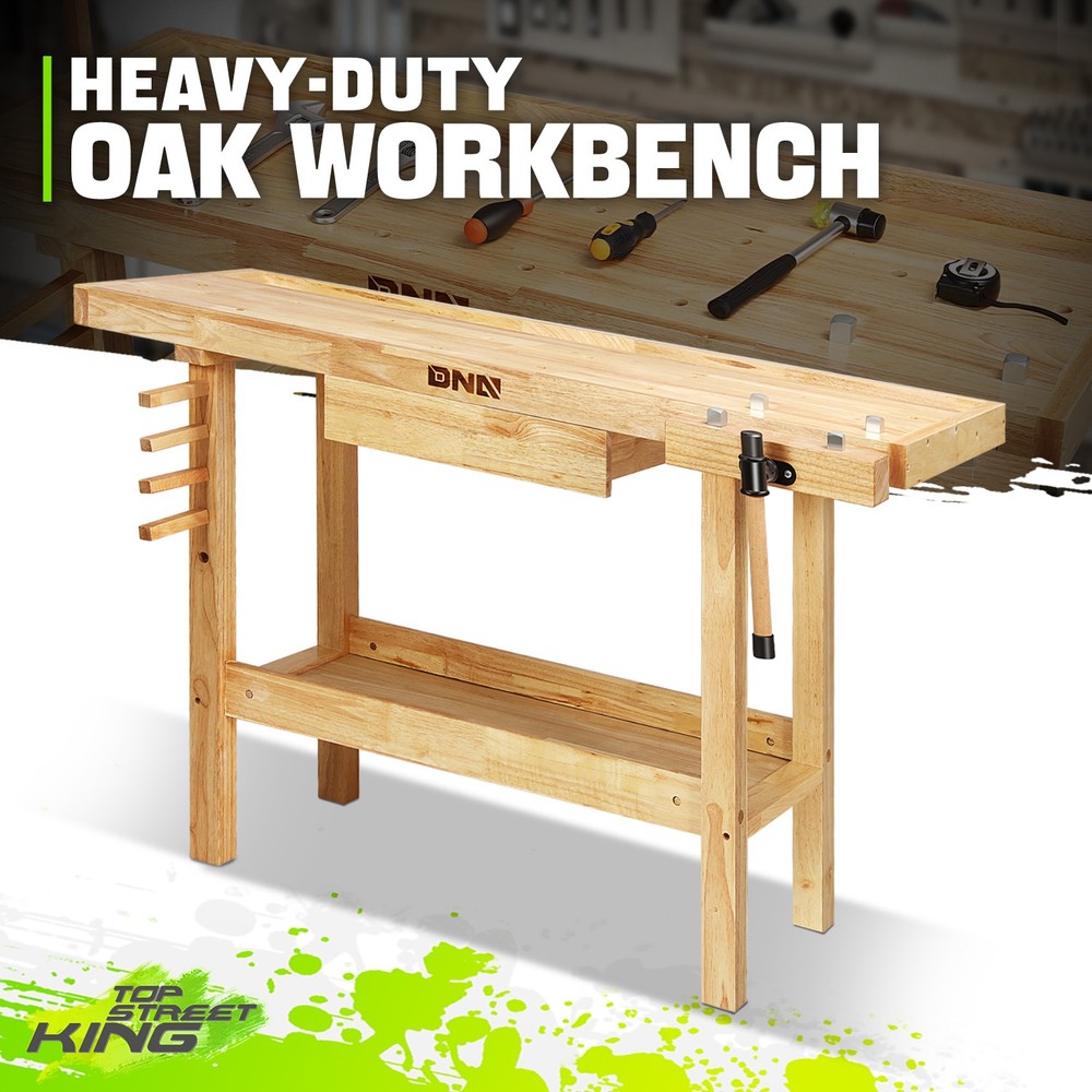 Solid Rubber Wood Workbench Work Desk w/ Drawer + Open Space + Adjustable Handle