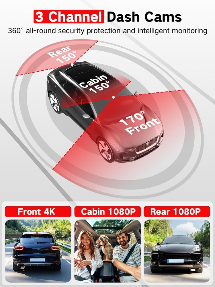 3 Channel 4k Dash Cam Front and Rear Inside, Car Mount Camera Black