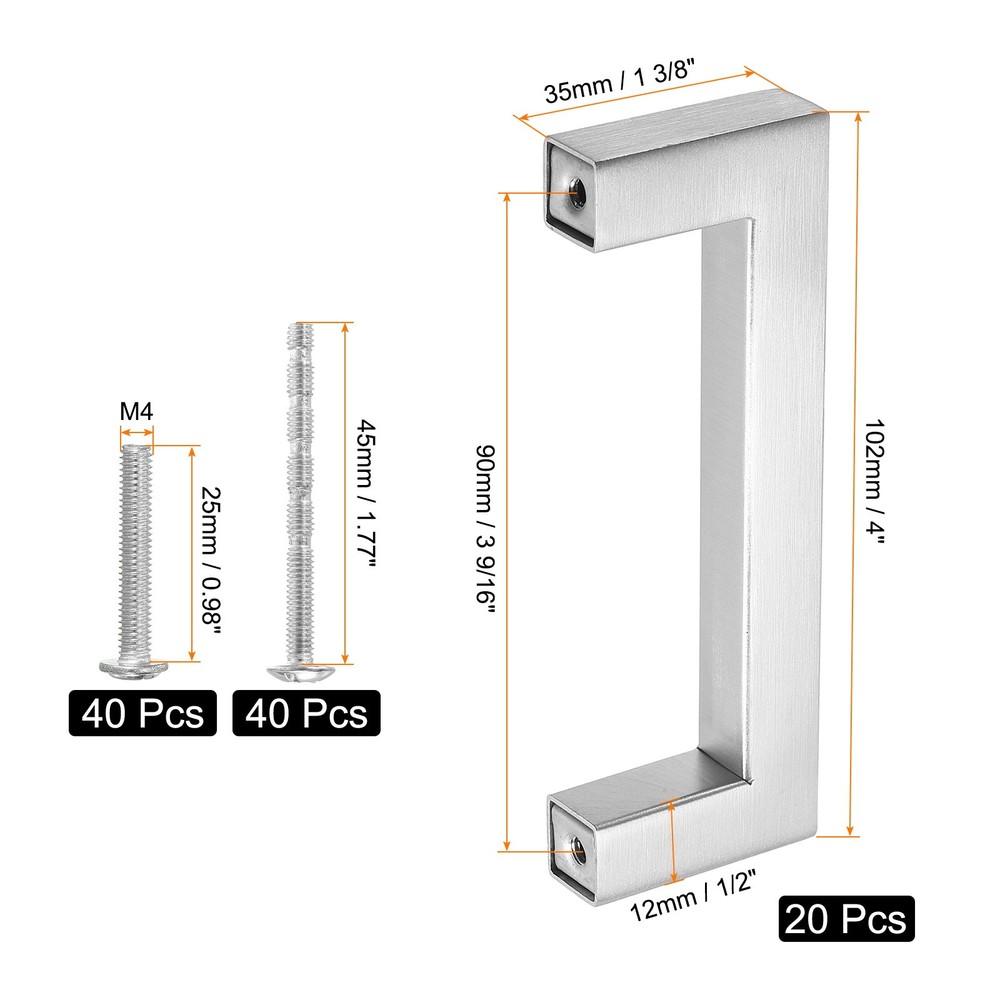 20 Pack Square Bar Drawer Handles, 4" Hole Center Kitchen Cabinets Pull, Silver