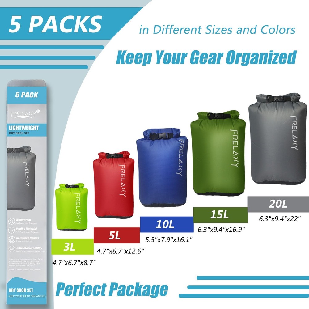 Frelaxy Dry Bag 3-Pack/5-Pack, Ultralight 20L, 5 Pack - Assorted Colors