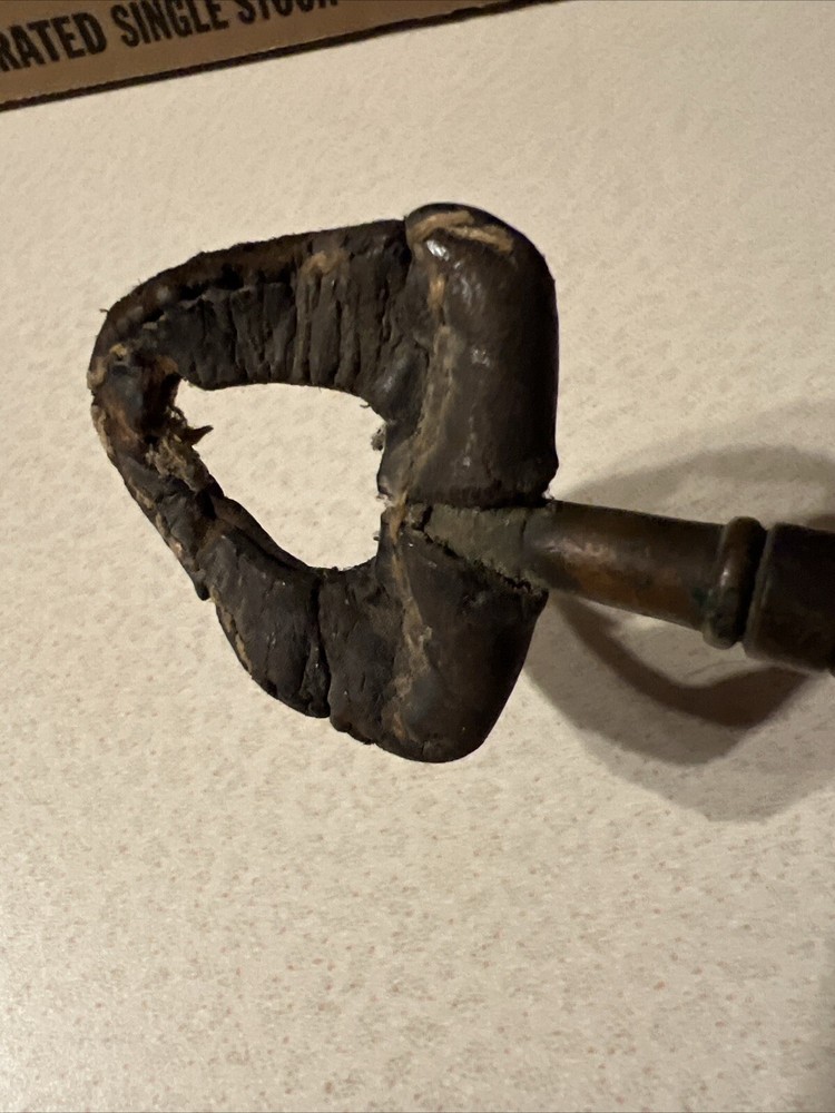 RARE ANTIQUE 5.5” BRASS WITH LEATHER COVER & MOVEABLE HANDLE SKELETON KEY