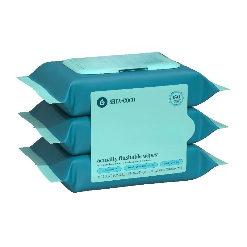 (4 pack) Flushable Butt Wipes, Shea-Coco Scented, 3 Pack, 150 Total Wipes