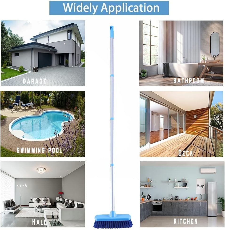 Deck Brush with Long Handle - Floor Scrub Brushes for Cleaning Shower, Blue