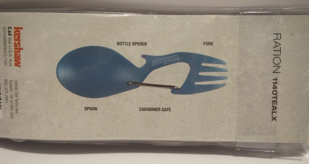 Kershaw Ration Fork / Spoon Combo, Bottle Opener, Carabiner, Teal Blue, Compact