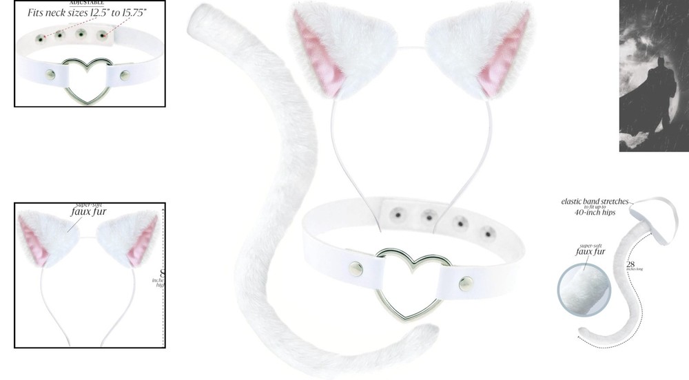 Comfortable One-Size White Cat Costume Accessories: Ears, Tail & Choker