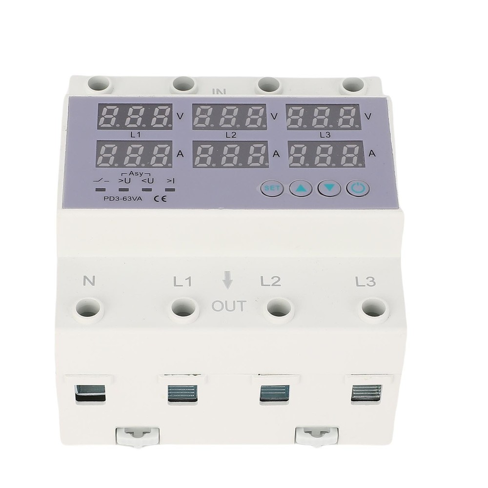 63A 3 Phase DIN Rail Voltmeter Ammeter Auto Overvoltage Overcurrent Protector AC