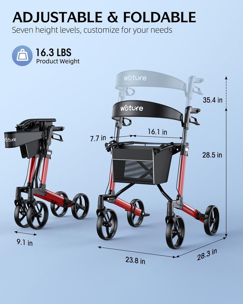 Foldable Rollator Walker with Seat & Back 16lb 8" All-Terrain Wheels Red