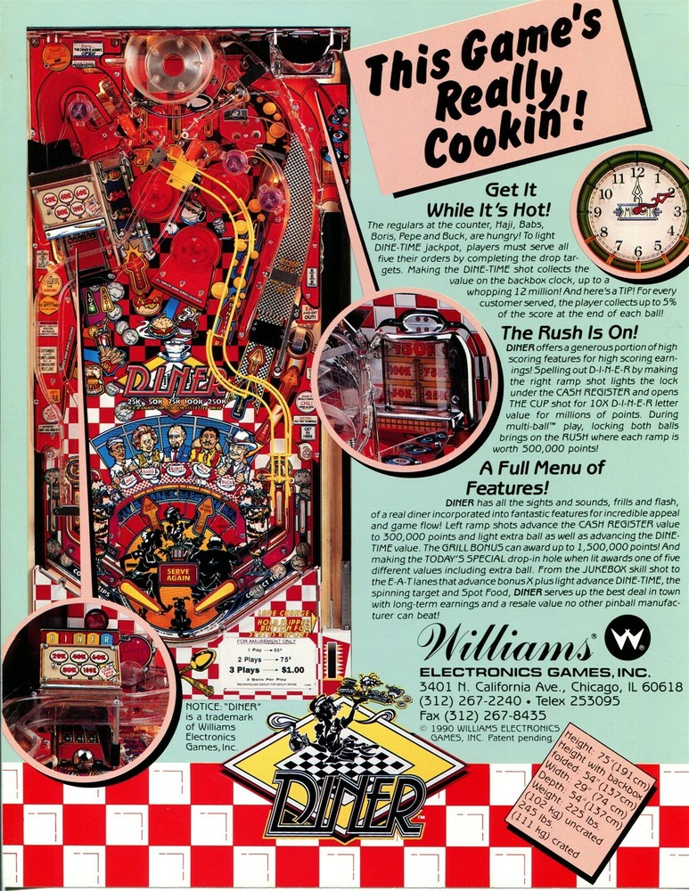 Diner Williams Pinball Flyer / Brochure/ Ad - Mint