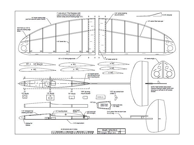 BugX DLG Glider 30" Wingspan RC Model Airplane Printed Plans Templates