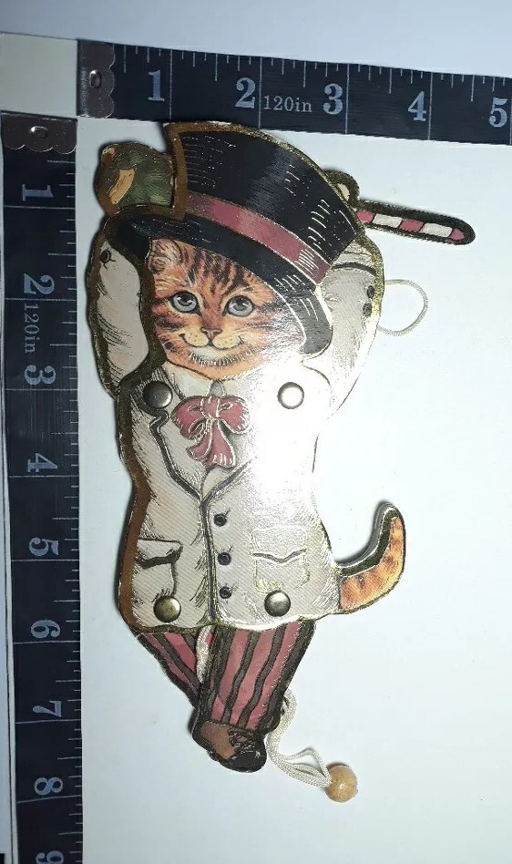 Vintage Cat Pull Toy Cardboard Double Sided Hinged Made Taiwan 7.5"