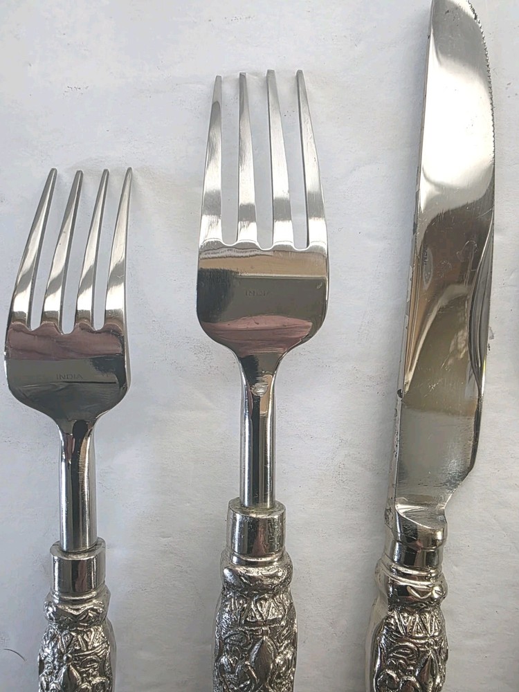 INDIA Stainless Flatware 5 Piece Place Setting Ornate "Chunky" Handle Unbranded