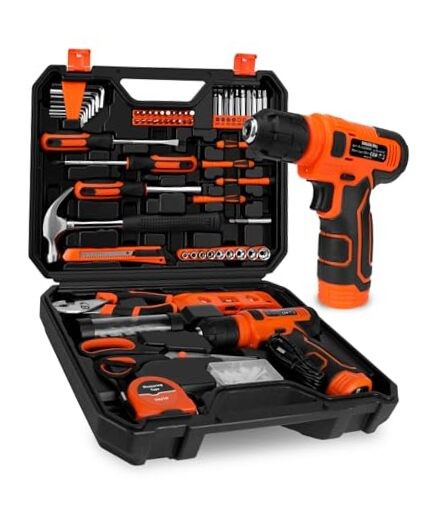 139-Piece Tool Set - Tool Kit with 8V Cordless Drill Driver in ToolBox Orange