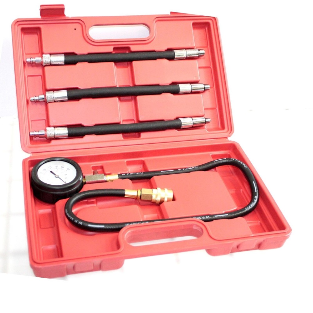 Auto Engine Compression Pressure Tester Kit w/ Extend Hose M10 M12 M14 Adapters