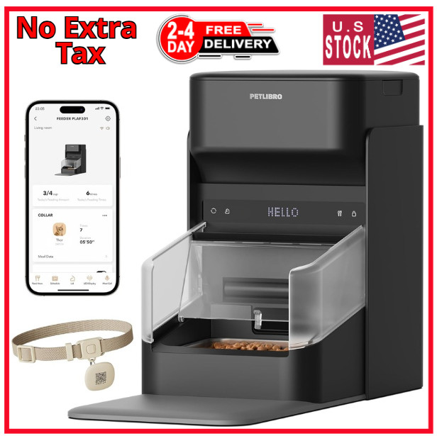 PET.LIBRO RFID Automatic WIFI App Controlled Pet Feeder, 3L, Black, Adjustable