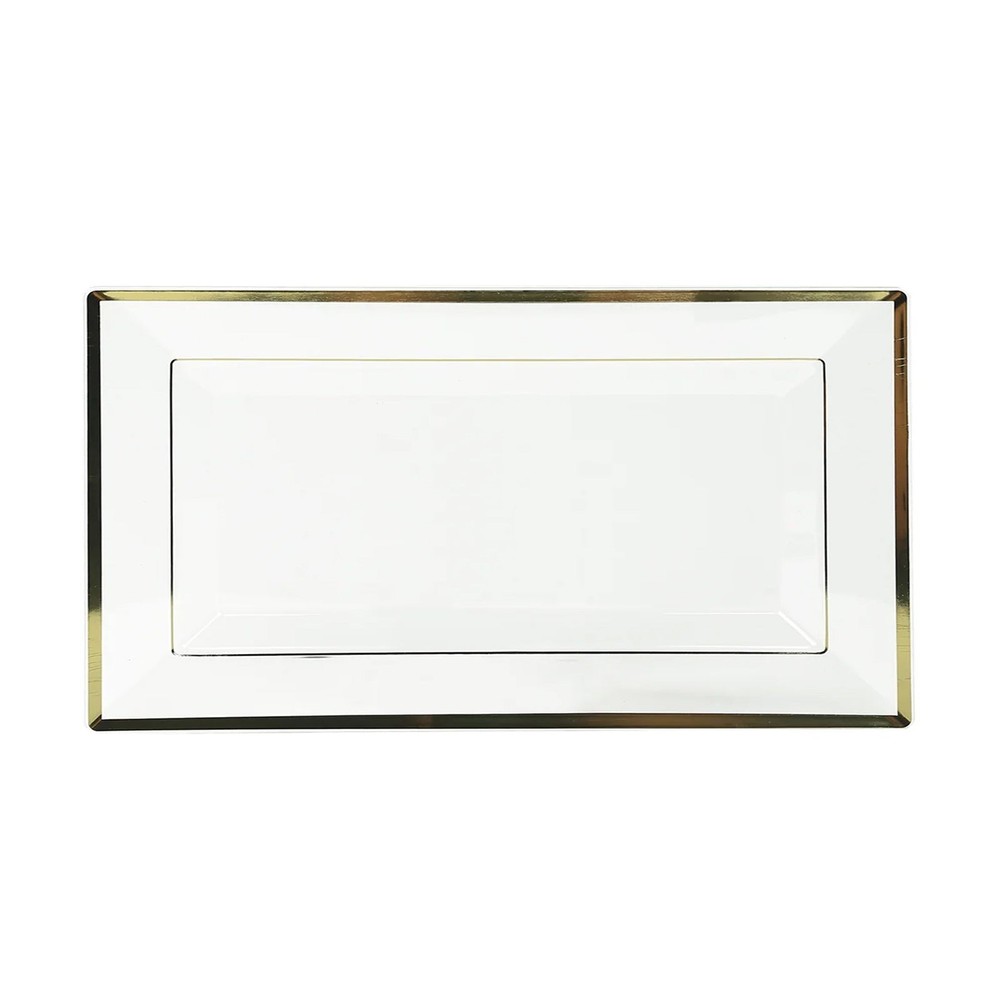 10 Clear Rectangular Plastic Serving Trays with Gold Rim Party Decorations