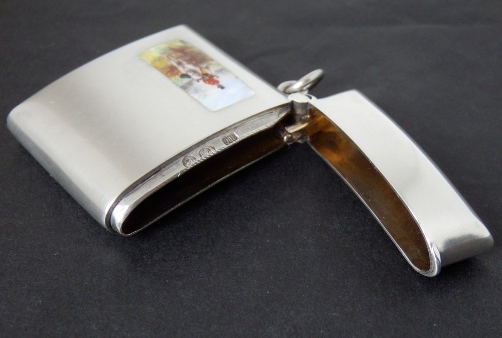 Antique Art Deco Solid Silver Enamel Vesta Case Huntsman Design