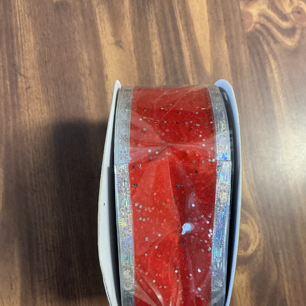 55 Yards Wired Red Cord Ribbon with Silver Edges Spool