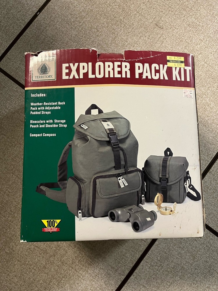 Vntg Northwest Territory Explorer Pack Kit Box Binoculars Compass Backpack Set
