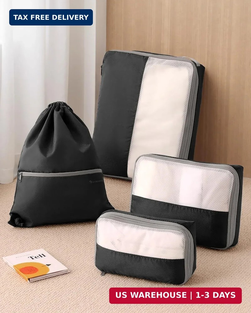 4 Set Compression Packing Cubes for Travel, Bonus Versatile Drawstring Backpack,