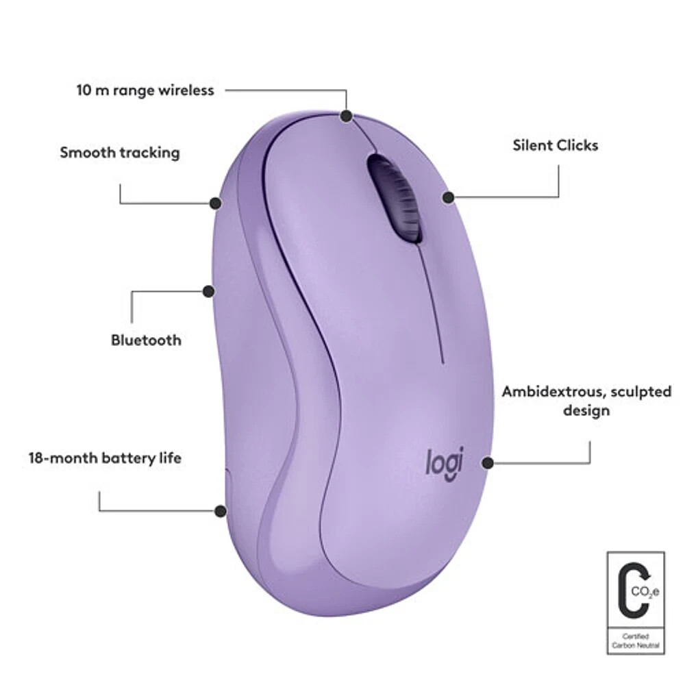 Logitech M240 Silent Wireless Bluetooth Optical Ambidextrous Mouse - Lavender