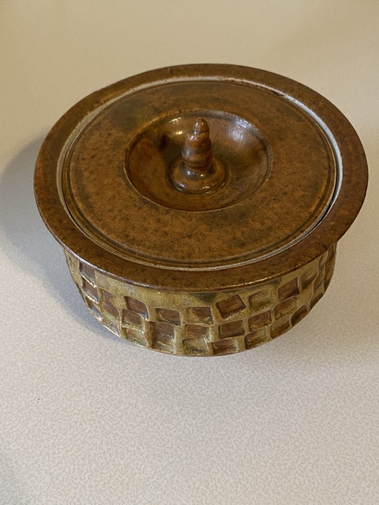 Unique Art Pottery Stoneware Lidded Jar Brown Beige Neutral Rust Square Pattern