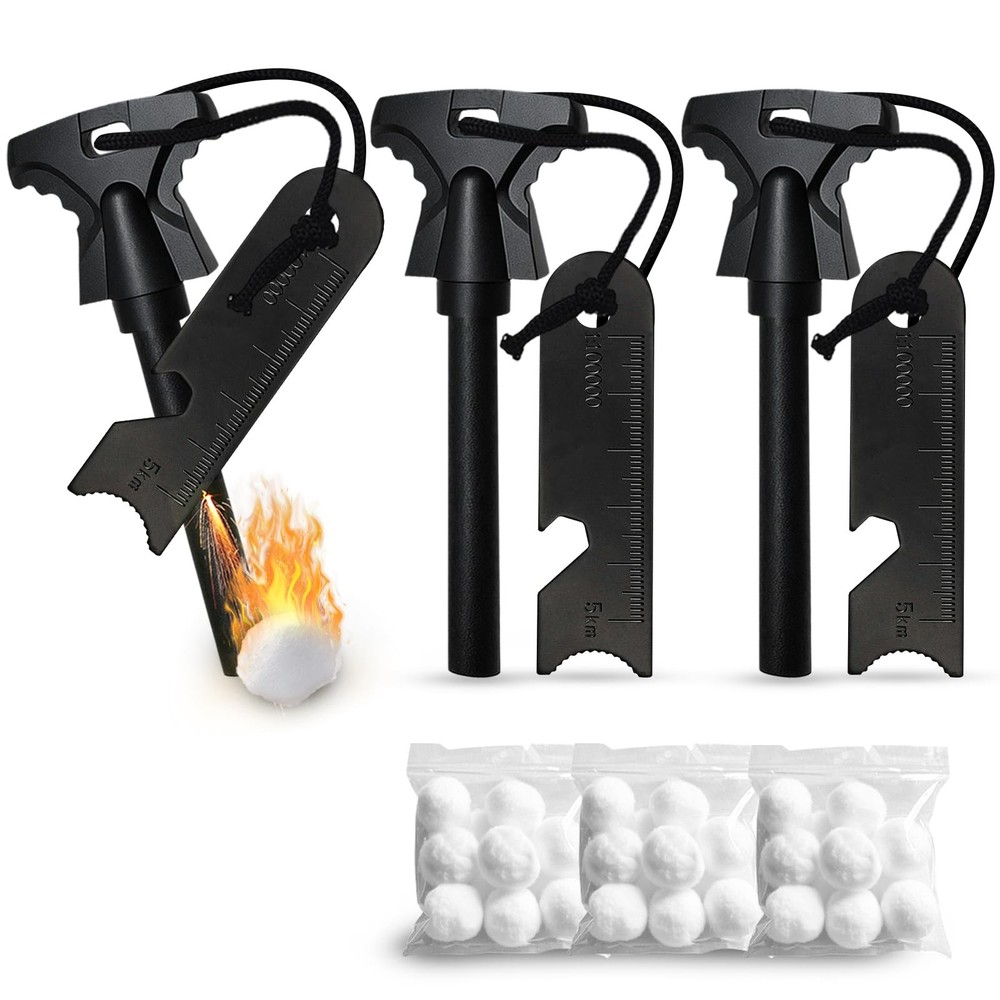 3PCS Magnesium Fire Starter with Striker, High Temp Large, 3 Pack Black