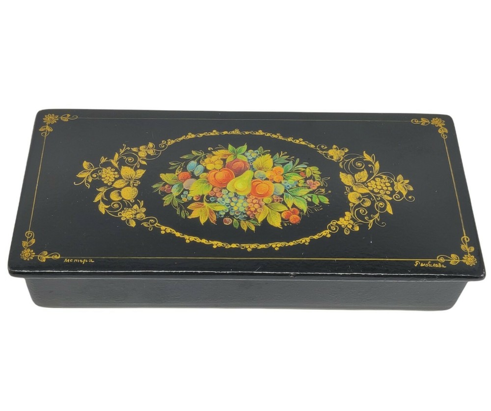 VTG Russian Rectangular Lacquer Box Hand Painted & Signed Fruit Autumn USSR