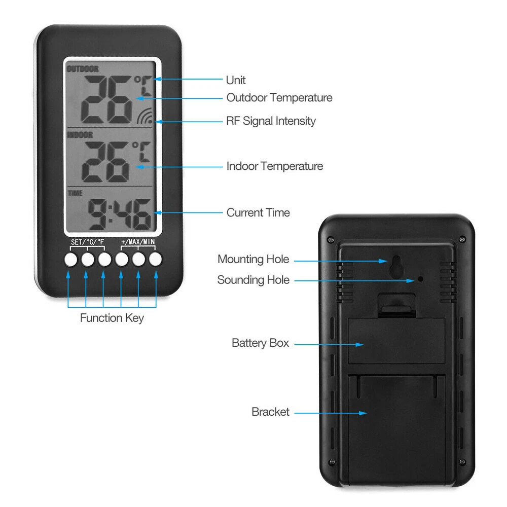 Digital Thermometer Clock Temperature Indoor/Outdoor Wireless Transmitter Meter